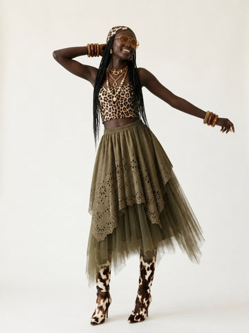 Grounded Faux Suede Mesh Skirt