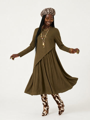 Grounded Pleated Irregular Midi Dress