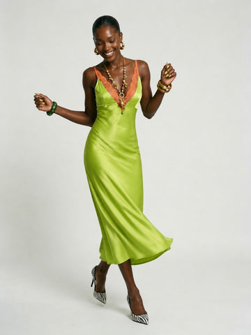 Radiant Satin Lace Trim Maxi Dress