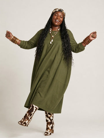 Grounded Green Loose Midi Dress