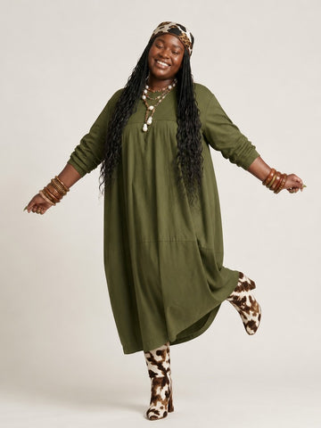 Grounded Green Loose Midi Dress