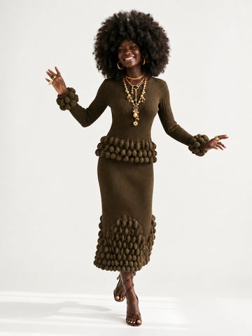 Elegant Pleated Ball Detail Two-Piece Set