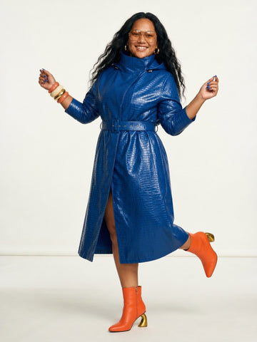 Vibrant Faux Leather Hooded Trench Coat