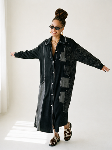 Unique Fringed Patchwork Denim Trench