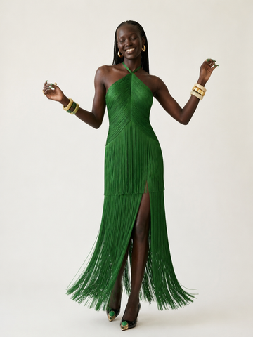 Vibrant Fringe Halter Maxi Dress