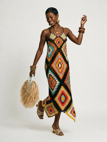 Vibrant Crochet Geometric Maxi Dress