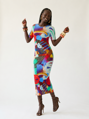 Spirited Geometric Pleated Maxi Dress