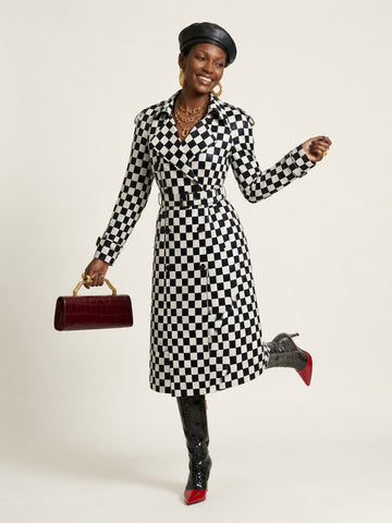Audacious Checkered Faux Leather Trenchcoat