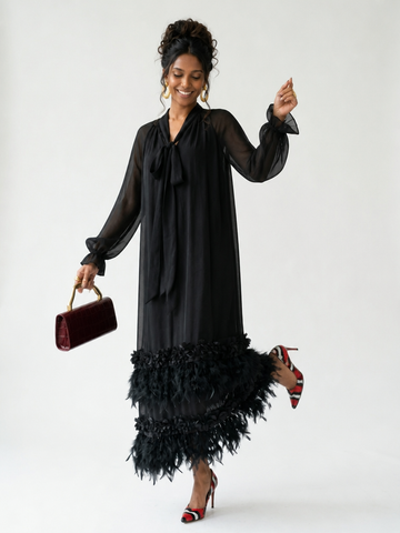 Divine Chiffon Feather Trim Maxi Dress