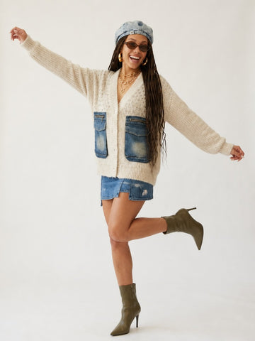 Unique Knit Denim Patchwork Cardigan