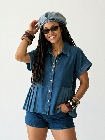 Free Spirit Pleated Denim Blouse
