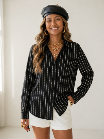 Magnetic Rhinestone Striped Blouse