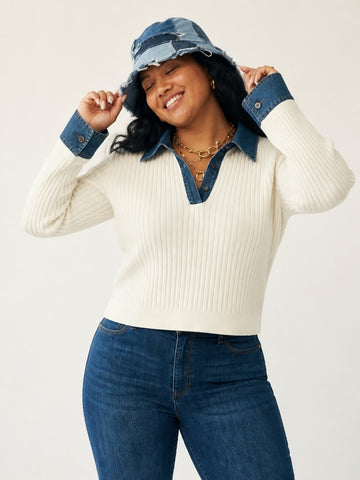 Audacious Denim Patchwork Knit Sweater
