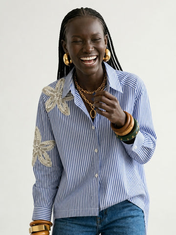 Divine Striped Beaded Floral Blouse
