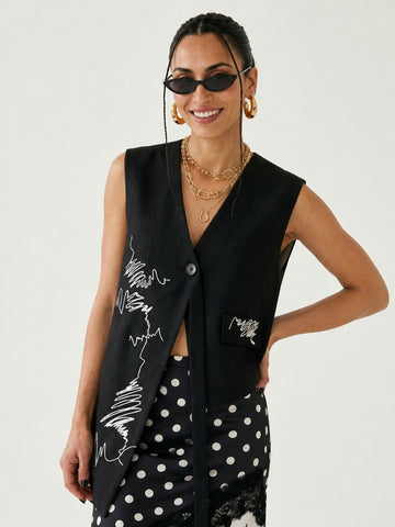 Unique Embroidered Asymmetrical Sleeveless Vest