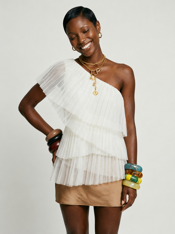 Elegant Mesh Pleated One-Shoulder Blouse