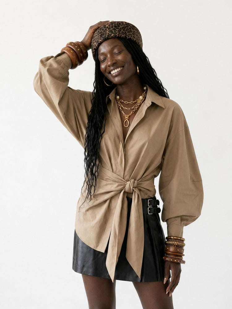 Elegant Oversized Tie-Belt Blouse