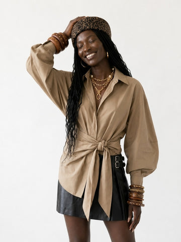 Elegant Oversized Tie-Belt Blouse