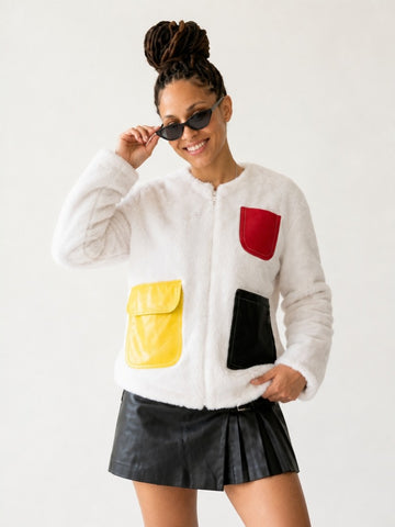 Vibrant Patchwork Faux Fur Jacket