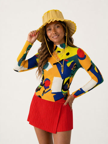 Vibrant Printed Pleated Longsleeve Top