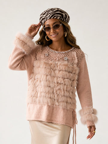 Radiant Rhinestone Faux Fur Sweater
