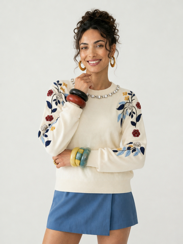 Radiant Embroidered Floral Knit Sweater