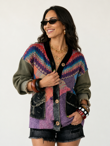 Magnetic Patchwork Knit Denim Jacket