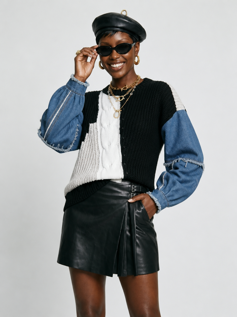 Audacious Denim Knit Patchwork Sweatshirt