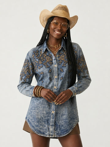Adventurous Embroidered Oversized Denim Blouse