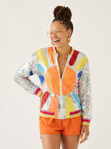 Vibrant Sequin Embroidered Bomber Jacket