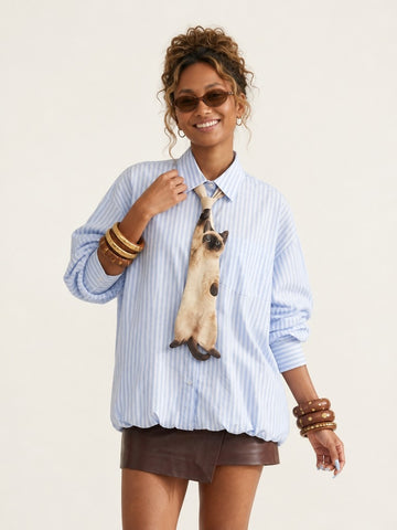 Unique Cat Tie Striped Blouse