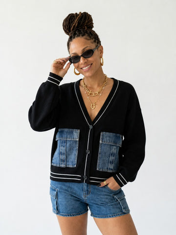 Distinctive Denim Patchwork Knit Cardigan
