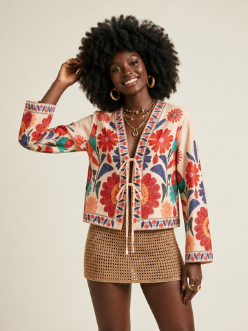 Free Spirit Embroidered Tie-Front Blouse