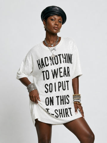 Audacious Sequined Letter Loose T-Shirt