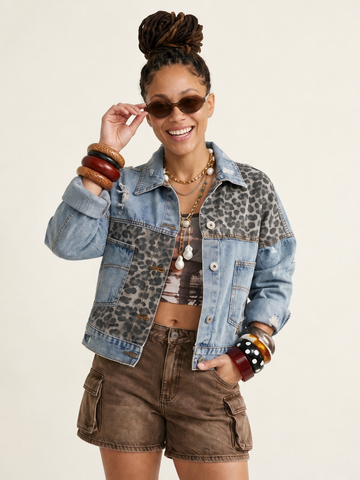 Fierce Leopard Patchwork Denim Jacket