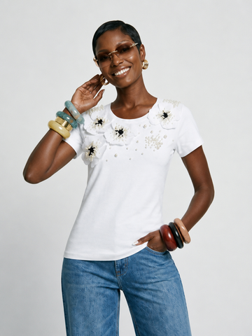 Radiant Pearl Embroidered Cotton T-Shirt