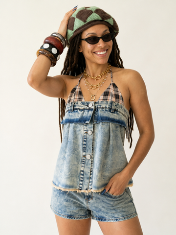 Daring Plaid Denim Halter Top