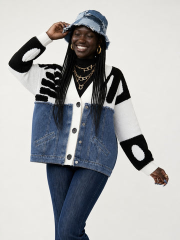 Unique Denim Patchwork Knit Cardigan