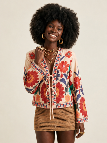 Free Spirit Embroidered Tie-Front Blouse