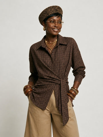 Grounded Plaid Tie-Waist Blouse