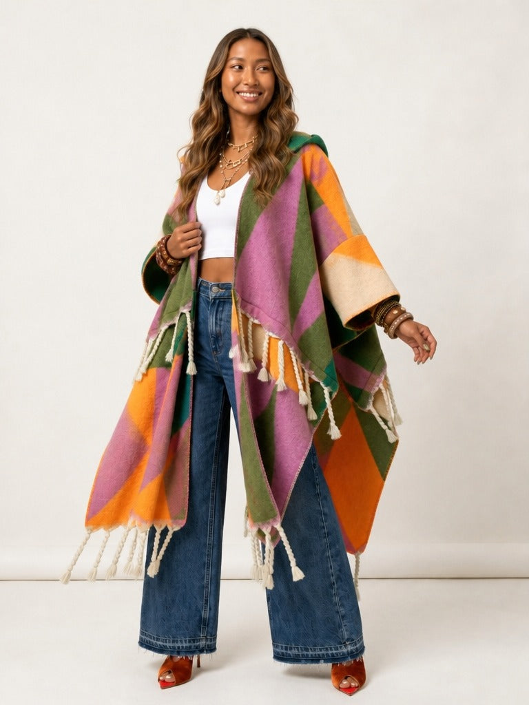 Vibrant Geometric Tassel Hooded Kaftan