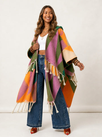 Vibrant Geometric Tassel Hooded Kaftan