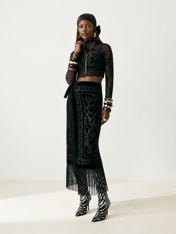 Divine Velvet Fringe Midi Skirt