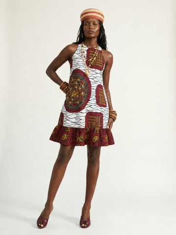 Nnem Bloom Ankara Cotton Midi Dress - White & Red Print