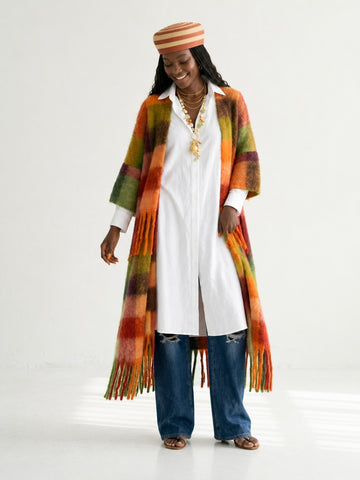 Vibrant Plaid Tassel Long Coat