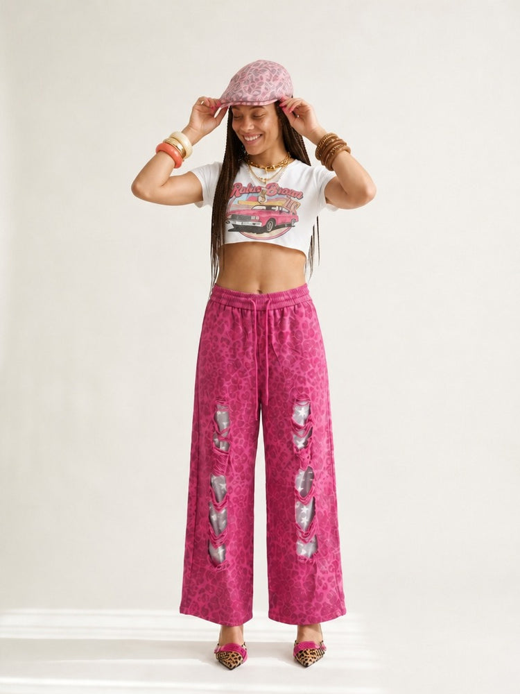Daring Leopard Ripped Wide Leg Trousers