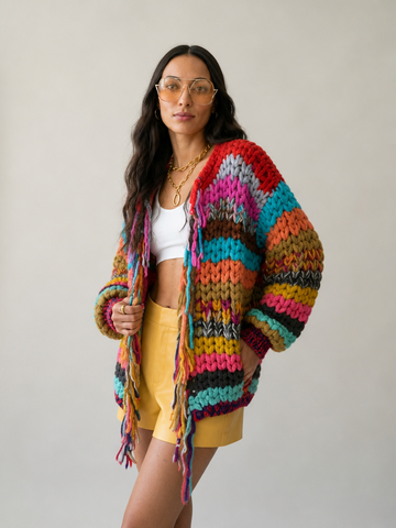 Vibrant Striped Tassel Cardigan