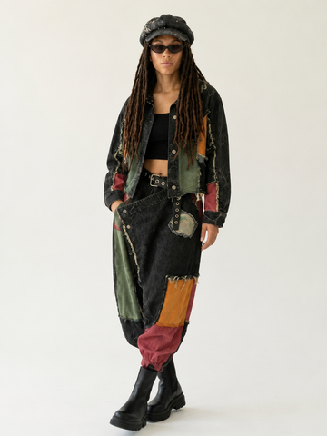 Unique Distressed Patchwork Denim Set