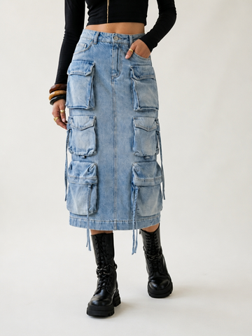Audacious Denim Cargo Midi Skirt