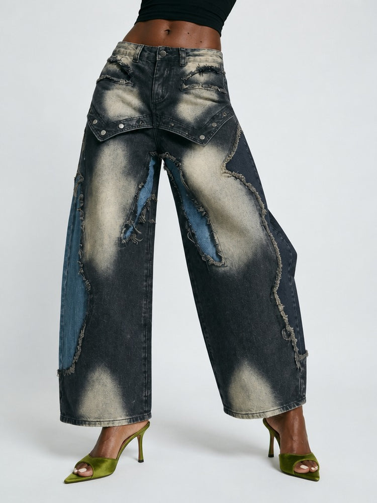 Audacious Patchwork Distressed Wide Jeans